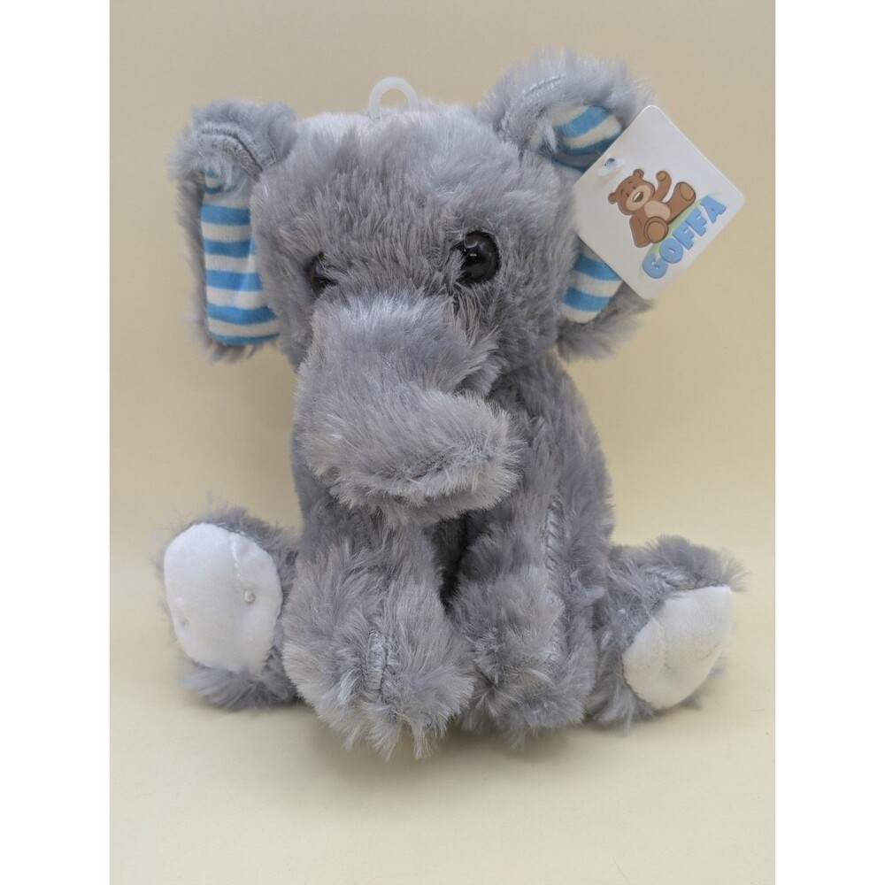 Goffa Gray Plush Sitting Elephant Blue White Striped Ears Stuffed Animal 7" NWT